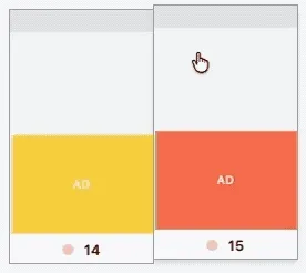 An ad on page 15 being dragged onto the ad on page 14, with the two ads swapping places across pages, shown as a looping animation.