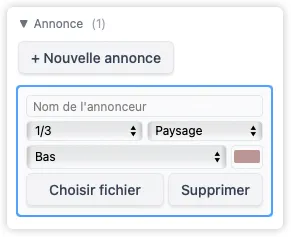 La barre latérale centrée sur une annonce, montrant les options de taille (pleine page, demi-page ou quart de page) et les commandes de position pour la placer sur la page.