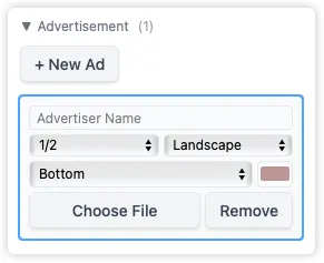 The sidebar focused on an advertisement, showing size options (full, half, or quarter page) and position controls for placing it on the page.