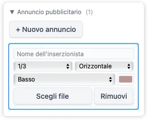 La barra laterale focalizzata su un annuncio, con le opzioni di dimensione (pagina intera, mezza o quarto) e i controlli di posizione per collocarlo sulla pagina.