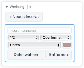 Die Seitenleiste mit Fokus auf einer Anzeige, mit Größenoptionen (ganze, halbe oder Viertelseite) und Positionssteuerung zum Platzieren auf der Seite.