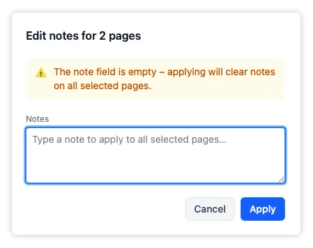 The bulk notes overlay with an empty text field, which deletes the notes on all selected pages.