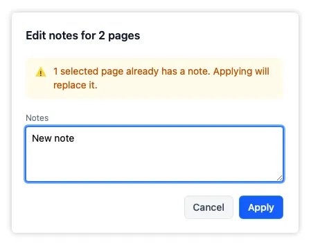 The bulk notes overlay replacing the existing notes on the selected pages with a new note.