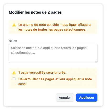 La fenêtre superposée de notes montrant la case facultative qui déverrouille les pages verrouillées pour les inclure dans la modification.