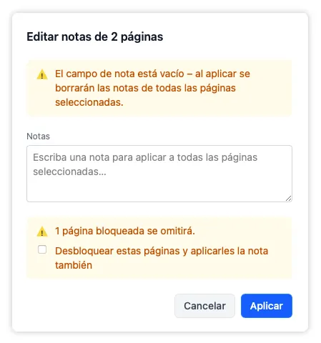 La superposición de notas con la casilla opcional que desbloquea las páginas bloqueadas para incluirlas en la edición.