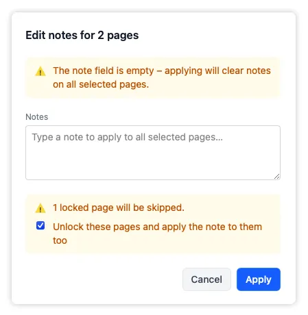 The bulk notes overlay showing the optional checkbox that unlocks locked pages so they are included in the edit.