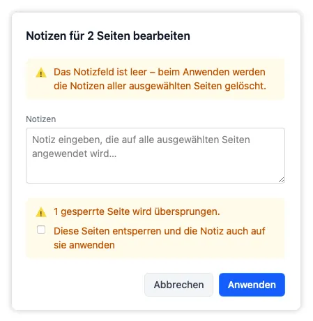 Das Overlay zur Sammelbearbeitung mit dem optionalen Kontrollkästchen, das gesperrte Seiten entsperrt und in die Bearbeitung einbezieht.