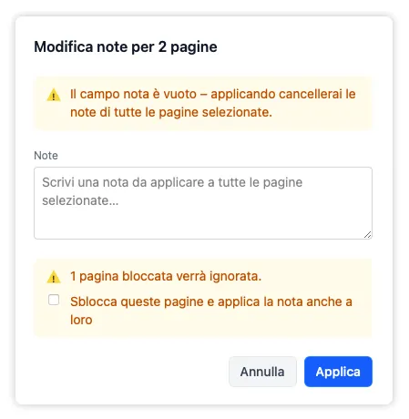 L'overlay per la modifica in blocco con la casella facoltativa che sblocca le pagine bloccate per includerle nella modifica.