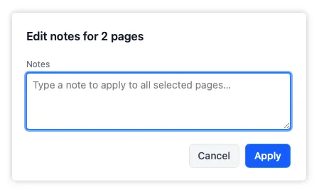The bulk notes overlay for editing the notes of several selected pages at once.
