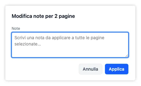 L'overlay per la modifica in blocco delle note di più pagine selezionate contemporaneamente.