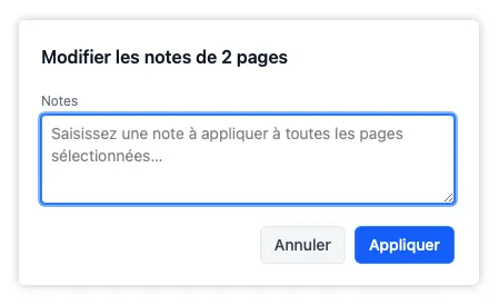 La fenêtre superposée de notes permettant de modifier en une fois les notes de plusieurs pages sélectionnées.