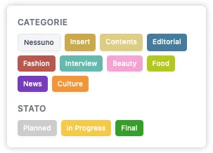 Le sezioni categorie e stati della barra laterale, ciascuna con pillole colorate pronte per essere cliccate o trascinate sulle pagine.
