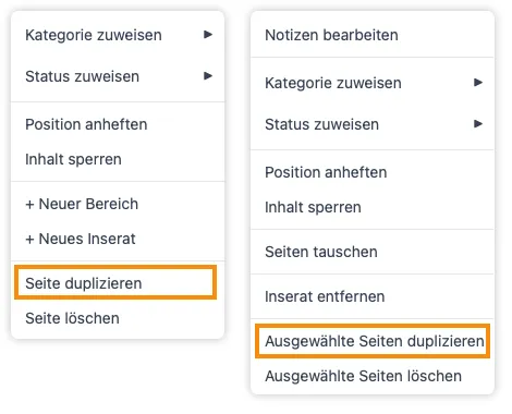 Das Rechtsklick-Menü für eine einzelne Seite und für eine Mehrfachauswahl nebeneinander, jeweils mit hervorgehobenem Eintrag zum Duplizieren.