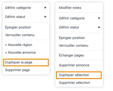 Le menu contextuel d’une seule page et celui d’une sélection multiple, côte à côte, avec l’option de duplication mise en évidence dans chacun.