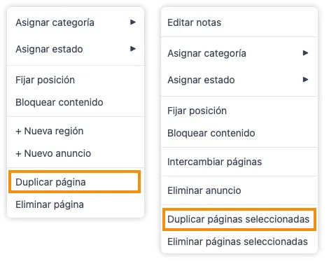 El menú contextual de una sola página y el de una selección múltiple, uno junto al otro, con la opción de duplicar resaltada en cada uno.