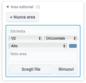 La barra laterale focalizzata su un'area editoriale, con i controlli per dimensione (mezza pagina o quarto), orientamento, posizione sulla pagina ed etichetta.