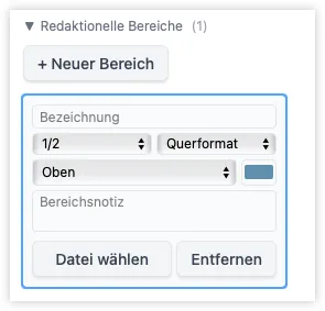 Die Seitenleiste mit Fokus auf einem redaktionellen Bereich, mit Steuerelementen für Größe (halbe oder Viertelseite), Ausrichtung, Position auf der Seite und Bezeichnung.
