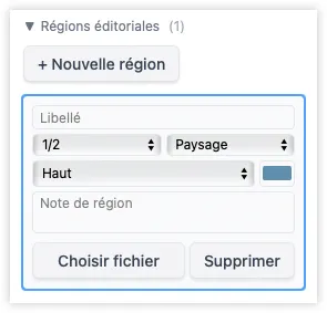 La barre latérale centrée sur une région éditoriale, montrant les commandes de taille (demi-page ou quart de page), d'orientation, de position sur la page et de libellé.