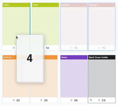 A page being dragged across the flatplan grid, with the insertion line marking exactly where it will land when the mouse is released.