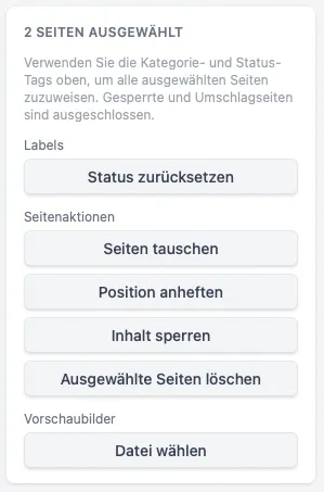 Mehrere gleichzeitig ausgewählte Seiten, während die Seitenleiste die Mehrseitenaktionen zeigt: tauschen, anheften, sperren, löschen und Vorschaubilder wählen.