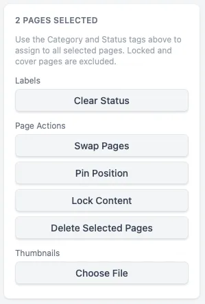 Several pages selected at once, with the sidebar updating to show multi-page actions: swap, pin, lock, delete, and choose thumbnails.