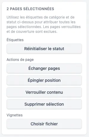 Plusieurs pages sélectionnées à la fois, la barre latérale affichant les actions multi-pages : échanger, épingler, verrouiller, supprimer et choisir des vignettes.
