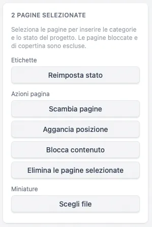 Più pagine selezionate contemporaneamente, con la barra laterale che mostra le azioni multipagina: scambia, aggancia, blocca, elimina e scegli miniature.