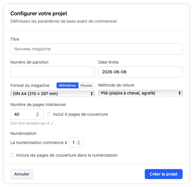 Avertissement de nouveau projet proposant d'enregistrer une copie du projet en cours en fichier JSON ou de le supprimer et de commencer un nouveau projet.
