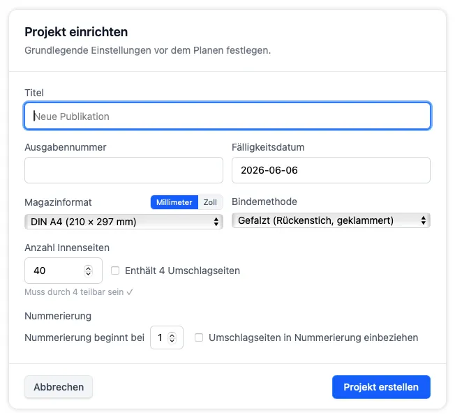 Warnung beim neuen Projekt, eine Kopie des aktuellen Projekts als JSON-Datei zu speichern oder es zu verwerfen und ein neues Projekt zu beginnen.