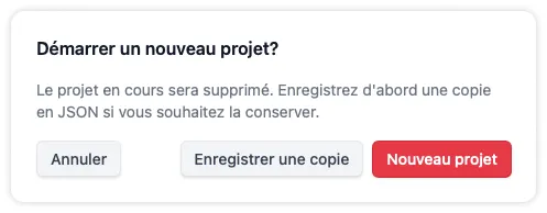 Avertissement de nouveau projet proposant d'enregistrer une copie du projet en cours en fichier JSON ou de le supprimer et de commencer un nouveau projet.