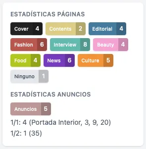 El panel de estadísticas de páginas y anuncios, que muestra un desglose de las asignaciones de categorías y un recuento de anuncios con tamaños.