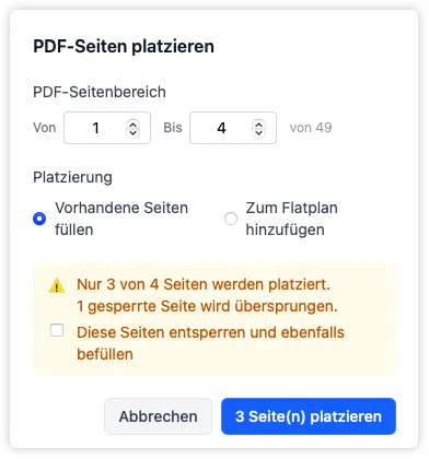 Der Platzierungsdialog für Vorschaubilder mit dem optionalen Kontrollkästchen, das gesperrte Seiten entsperrt, damit sie beim Platzieren einbezogen werden.