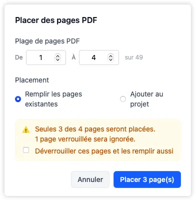 La boîte de dialogue de placement des vignettes montrant la case facultative qui déverrouille les pages verrouillées pour les inclure lors du placement.