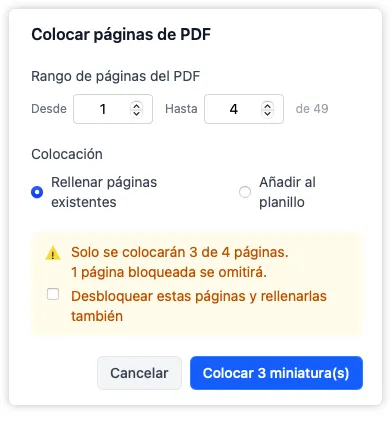 El cuadro de diálogo de colocación de miniaturas con la casilla opcional que desbloquea las páginas bloqueadas para incluirlas al colocar las miniaturas.
