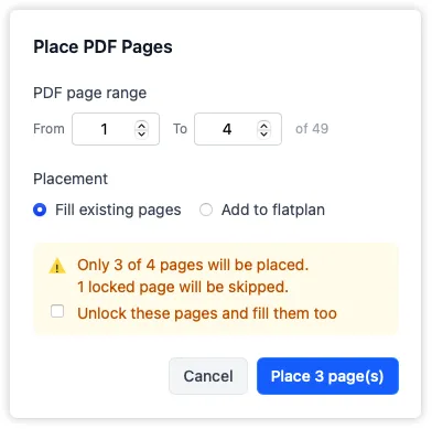 The thumbnail placement dialog showing the optional checkbox that unlocks locked pages so they are included when thumbnails are placed.