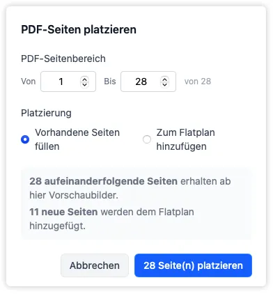 Der Platzierungsdialog für Vorschaubilder, der bestätigt, wie viele aufeinanderfolgende Seiten Vorschaubilder erhalten und ob neue Seiten passend zur Quelldatei hinzugefügt werden.