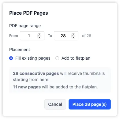 The thumbnail placement dialog confirming how many consecutive pages will receive thumbnails and whether to add new pages to match the source file.