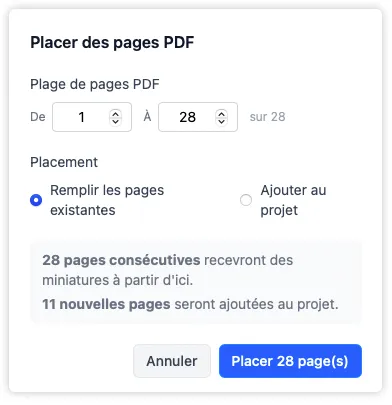 La boîte de dialogue de placement des vignettes, confirmant combien de pages consécutives recevront des vignettes et s'il faut ajouter de nouvelles pages pour correspondre au fichier source.