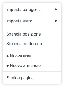 Il menu contestuale completo di una pagina, che rispecchia la barra laterale con opzioni per categoria, stato, aggancia, blocca, aggiungi area, aggiungi annuncio ed elimina.