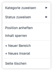 Das vollständige Rechtsklick-Kontextmenü für eine Seite, das die Seitenleiste mit Optionen für Kategorie, Status, Anheften, Sperren, Bereich hinzufügen, Anzeige hinzufügen und Löschen spiegelt.