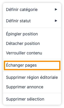 Le menu contextuel avec Échanger pages mis en évidence, utilisé pour échanger deux pages non adjacentes sans rien perturber entre elles.