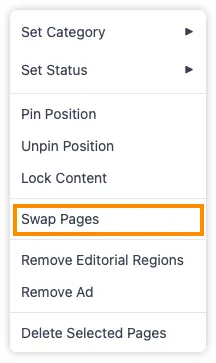 The right-click context menu with Swap pages highlighted, used to exchange two non-adjacent pages without disturbing anything in between.