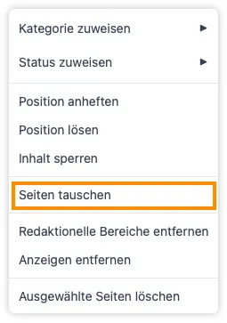 Das Rechtsklick-Kontextmenü mit hervorgehobenem „Seiten tauschen“, mit dem zwei nicht benachbarte Seiten getauscht werden, ohne dazwischen etwas zu stören.