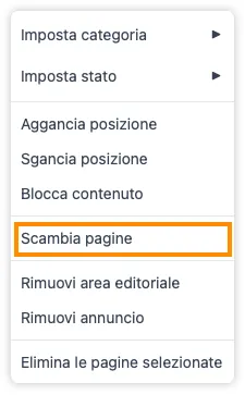 Il menu contestuale con Scambia pagine evidenziato, usato per scambiare due pagine non adiacenti senza disturbare nulla in mezzo.