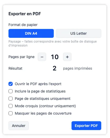 La fenêtre d'export PDF avec les commandes de format de papier et de pages par ligne, montrant comment la mise en page de sortie s'ajuste avant que vous ne confirmiez et ne choisissiez où l’enregistrer.