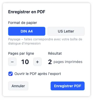 La fenêtre d'export PDF avec les commandes de format de papier et de pages par ligne, montrant comment la mise en page de sortie s'ajuste avant que vous ne confirmiez et n'enregistriez dans Téléchargements.
