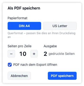 Das PDF-Export-Overlay mit Steuerelementen für Papierformat und Seiten pro Zeile, das zeigt, wie sich das Ausgabelayout anpasst, bevor Sie bestätigen und in „Downloads“ speichern.