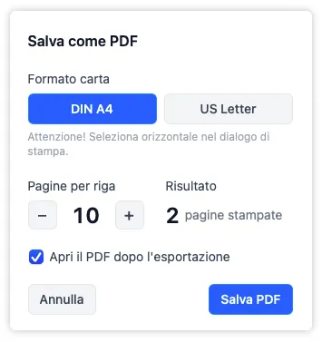 La ventana de exportación a PDF con los controles de formato de papel y páginas por fila, mostrando cómo se ajusta el diseño de salida antes de confirmar y guardar en Descargas.