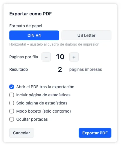 La ventana de exportación a PDF con los controles de formato de papel y páginas por fila, mostrando cómo se ajusta el diseño de salida antes de confirmar y elegir dónde guardarlo.