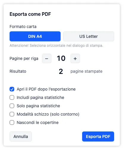 La finestra di esportazione PDF con i controlli di formato carta e pagine per riga, che mostra come si adatta il layout di output prima di confermare e scegliere dove salvarlo.